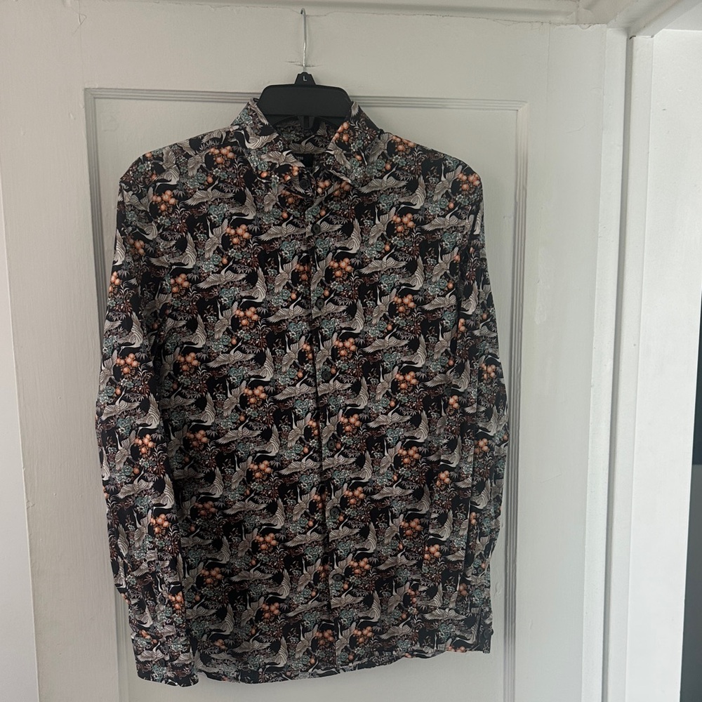 Express Men’s Black Button-Down Shirt with Copper & Teal Floral Print